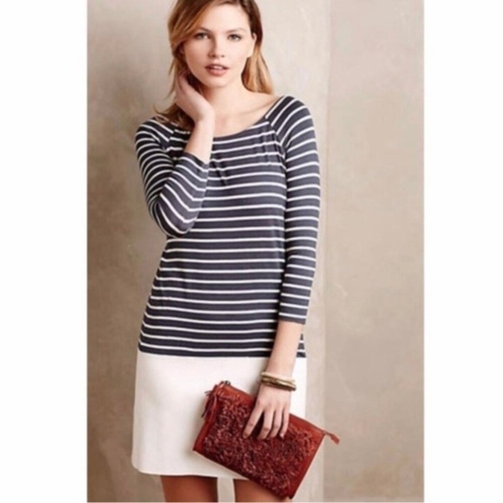 NWT Bailey 44 Anthropologie Striped Dress w/ Faux Leather Drop Waist Gray/White.